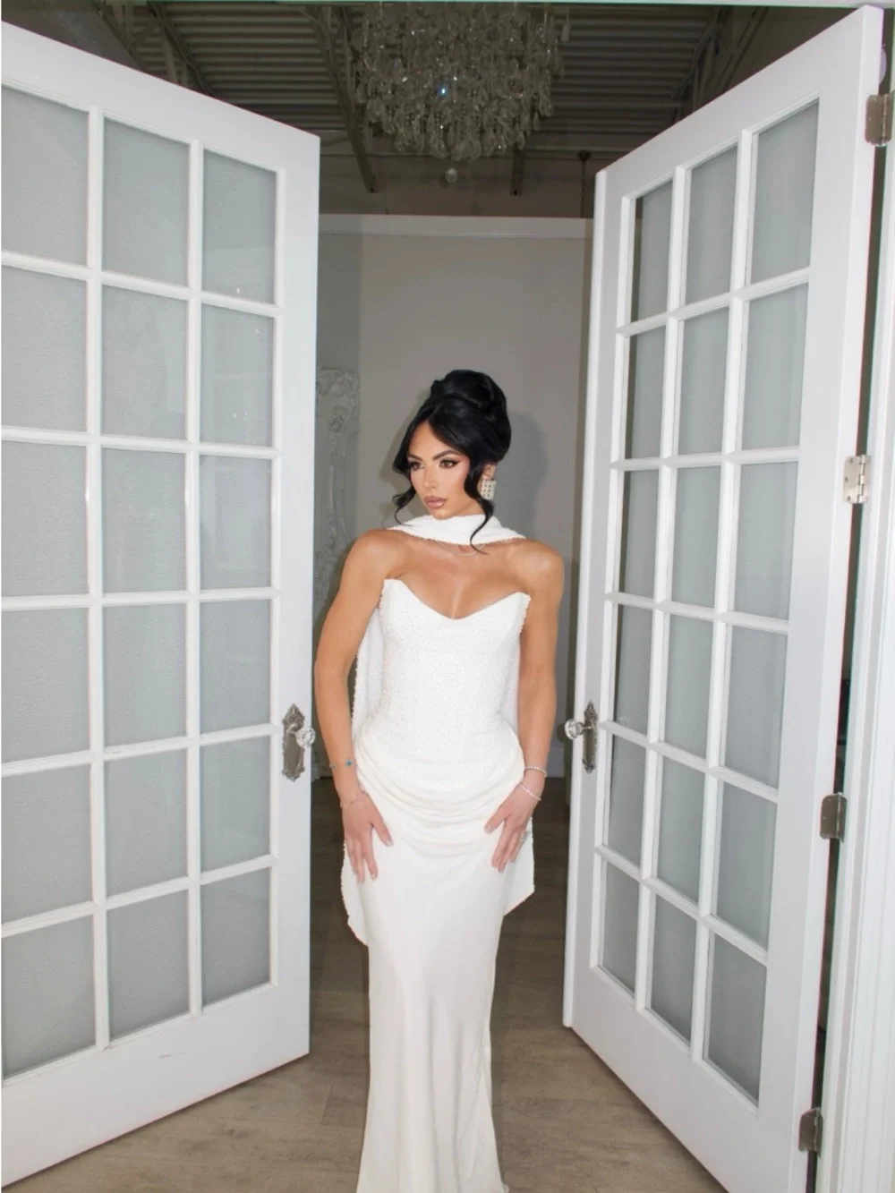 Strapless White Maxi Dress with Draped Front and Choker - Picture 2 of 4